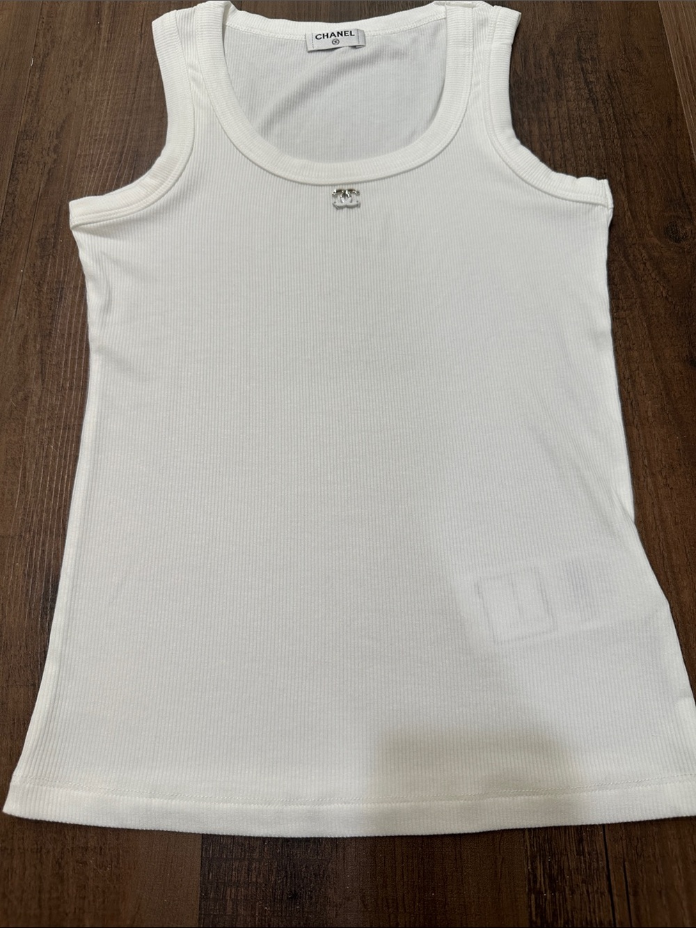 CHANEL White Ribbed Girls Tank with CC Charm